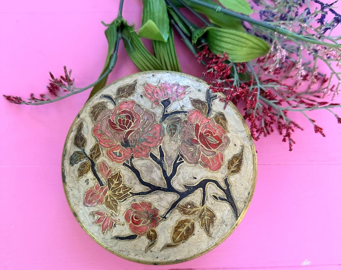 Vintage 1970s Brass Enamel Rose Pattern Box, Vintage Brass Trinket Box, 70s Brass Box, Vintage Brass Rose Box, Vintage Vanity Box