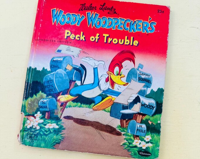 Vintage 1951 Children's Book, "Woody Woodpecker's Peck of Trouble" by Walter Lantz.  50s Woody Woodpecker Book, Mid Century Children's Book