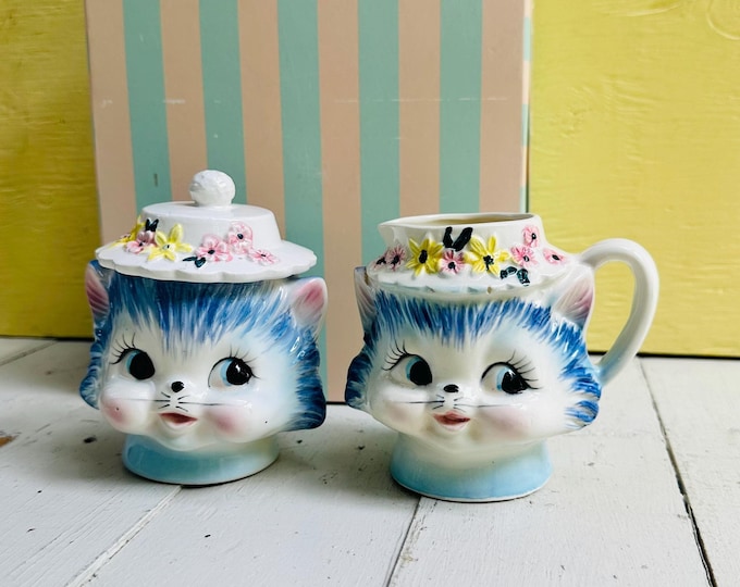Rare Vintage Lefton Miss Priss Cat Sugar and Creamer Set, Side Eye Lefton Cat, Lefton Top Hat Cat, 1950s Anthropomorphic Cat Tea Set