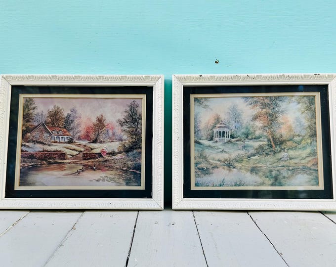 Pair Vintage Romantic Cottage Landscape Prints | Carl Valente Style Framed Pastoral Wall Art | Grandmillennial Decor