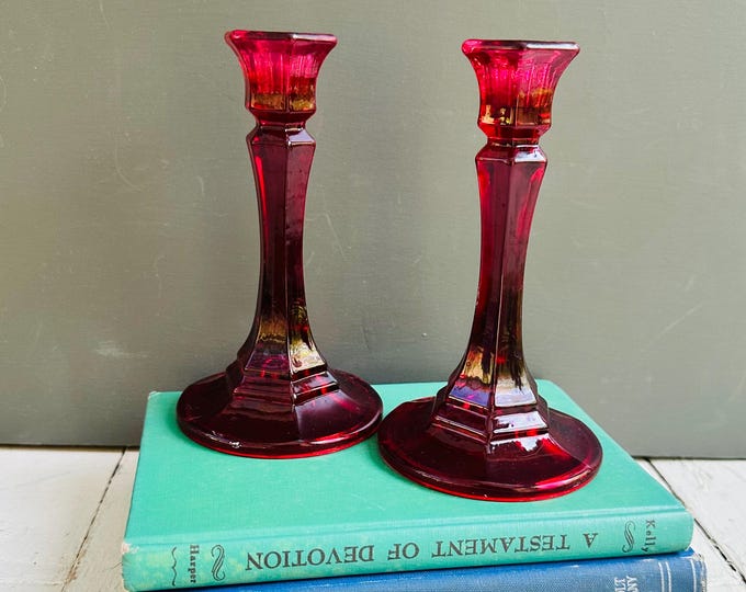 Pair of Vintage Indiana Glass Ruby Red Glass Candlesticks | Mid Century Paneled Candle Holders | Hollywood Regency Decor