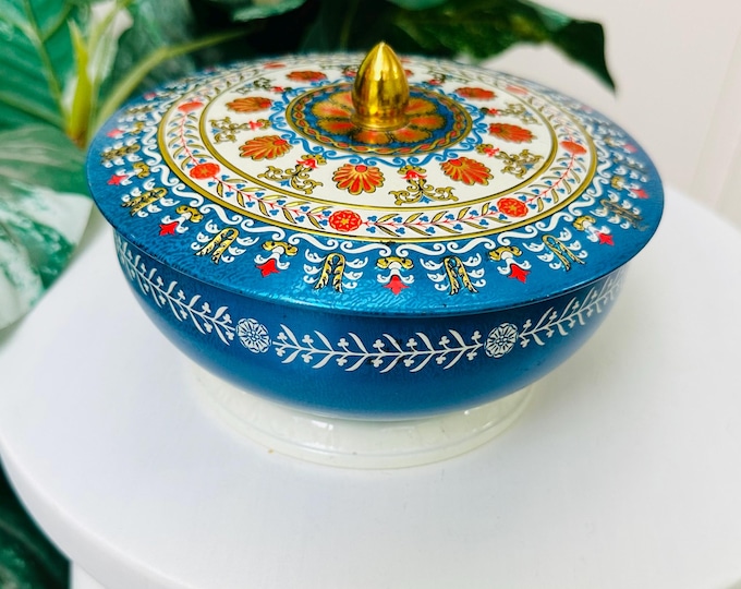 Vintage English Tin Trinket Box Blue Gold Floral Lidded Candy Tin Made in England Hollywood Regency Decor
