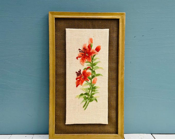 Vintage 1970s Large Framed Crewel Embroidery Orange Lily Wall Art Cottagecore Textile Decor