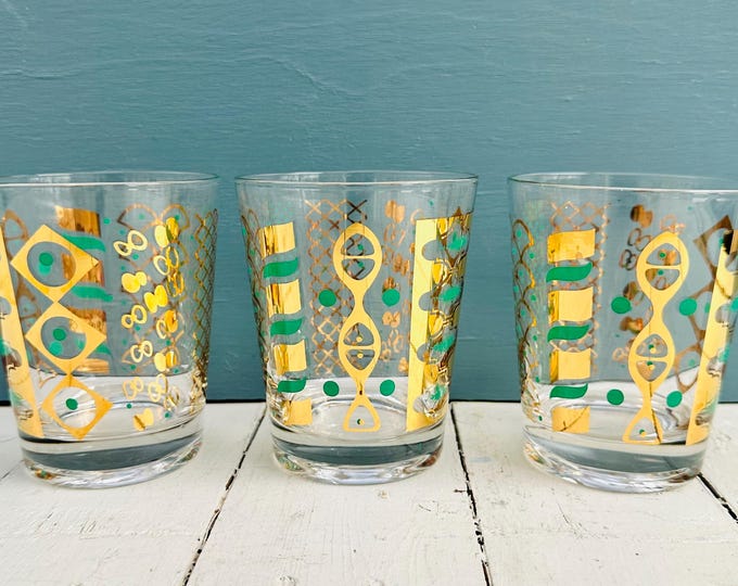 Vintage MCM Glass Tumblers with Gold and Green Atomic Decoration, Set of Three