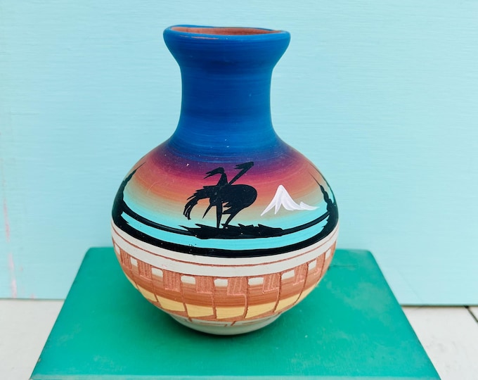 Vintage 70s Navajo pottery vase with sailboat and sunset motif, artist signed, medium 6" vase