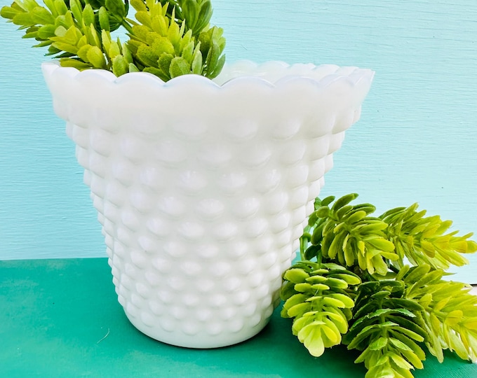 Vintage 1950s White Milk Glass Hobnail Planter with a Scalloped Rim, 4" tall