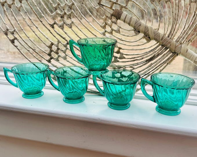 Vintage 1930s Jeannette Swirl Ultramarine Tea Cups Set of Five Depression Glass Cups Green Pressed Glass Cups Lot Replacement Cups