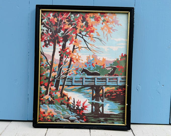 Vintage Mid Century  Framed Paint By Number Landscape Painting Autumn Bridge Scene Mid Century Wall Art