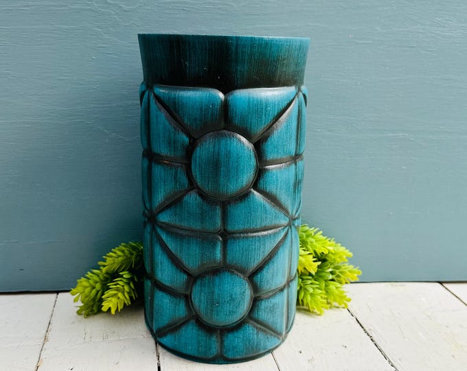 Vintage 1960s MCM Haeger Pottery Vase Large with Geometric Pattern and Teal Black Glaze