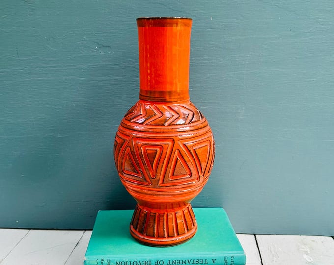 Vintage Italian Pottery Vase Orange Geometric Relief Vase, Mid Century Modern Ceramic Floor Vase, Hollywood Regency Decor, Made in Italy
