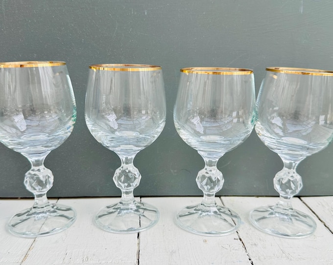 Vintage Bohemia Crystal wine glasses, set of four with gold rims and faceted ball stems