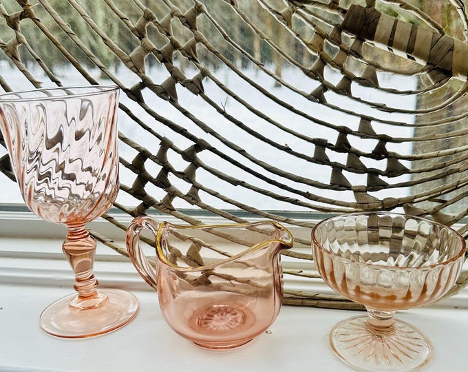 Vintage Pink Depression Glassware French Rosaline Pale Pink Trio Swirl Design Pedestal