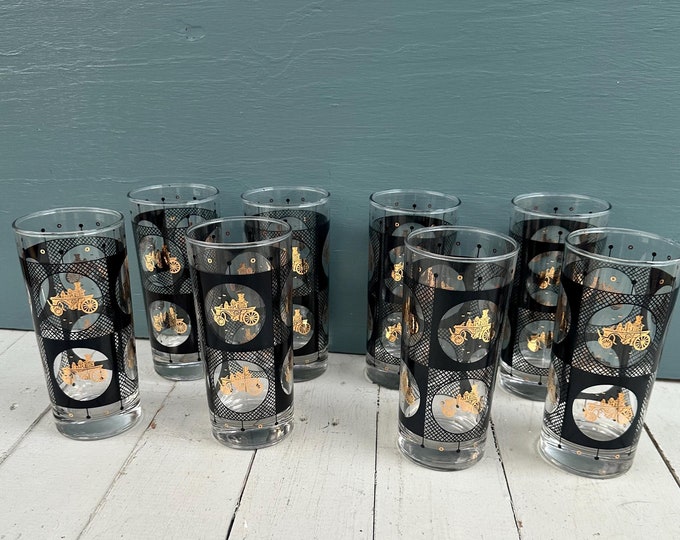 Vintage MCM Libbey Black and Gold Highball Glasses Lot of Eight Antique Car Curio Car Glasses Mid Century Barware