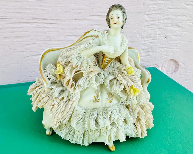 Antique Early 1900s Dresden German Lace Porcelain Figurine Lady on a Sofa