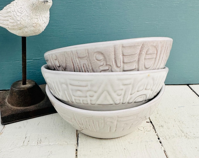 Vintage 1950s Frankoma Pottery Bowls, 3 pc set,  Mayan Aztec Pattern Rectangular White Sand Glaze