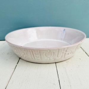 May include: A light pink ceramic bowl with embossed fruit and geometric designs around the rim. The bowl is round with a shallow depth and sits on a white wooden surface. The background is a solid teal color.