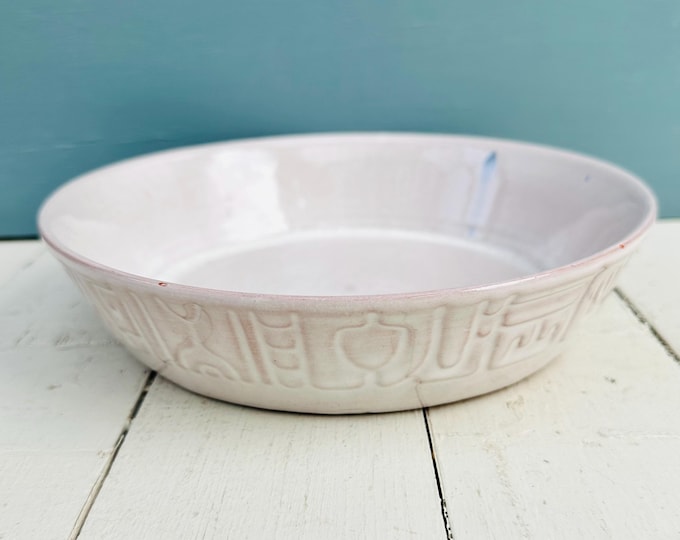 Vintage 1950s Frankoma Pottery Serving Dish, 8 inch round, Mayan Aztec Pattern, White Sand Glaze