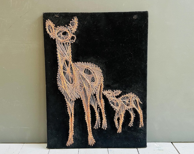 Vintage Deer Fiber Art Wall Hanging | Mid Century String Art Doe & Fawn | Woodland Cabin Decor| Nature Wall Art