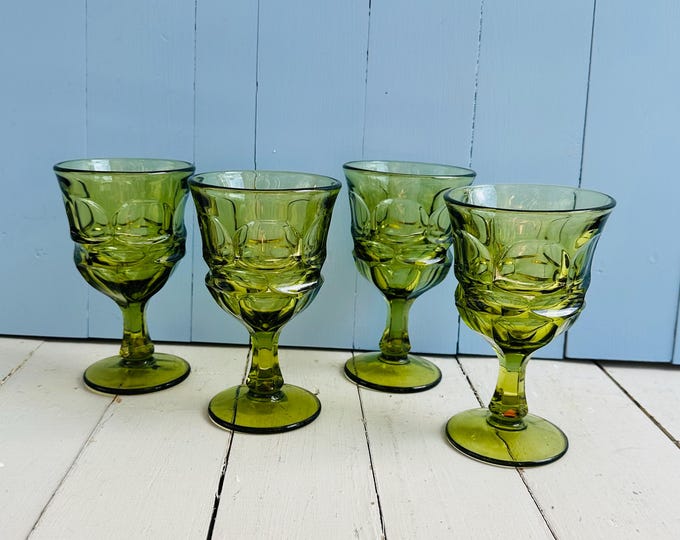 Vintage Fostoria Argus green goblets, set of 4, mid century olive green glass, wine glasses, retro barware
