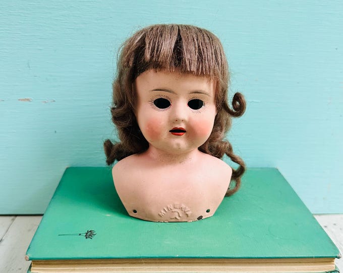 Antique Minerva Doll Head Germany Tin Metal Doll Head Original Box 1900s German Doll Part Brunette Wig