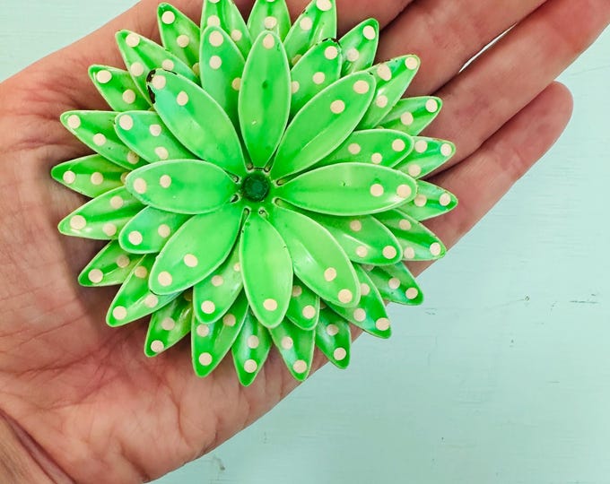 Vintage 1960s Green Polka Dot Enamel Flower Brooch Layered Metal Flower Power Pin Rhinestone