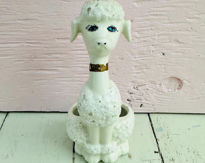 Vintage Mid Century Poodle Lipstick Holder White Dog Ceramic Vanity Decor Poodle Figurine