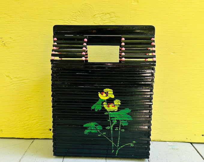 Vintage Black Bamboo Handbag Pink Beaded Purse Box Bag 1950s 1960s Floral Evening Bag Japanese Style Basket Purse