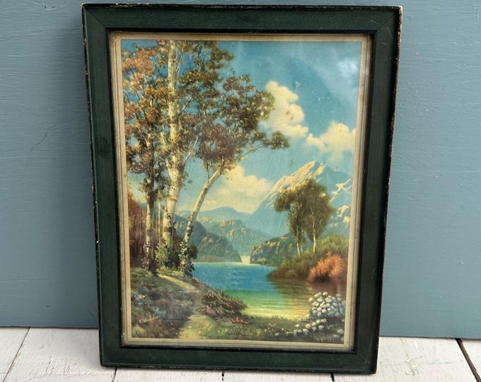 Vintage Mid Century Landscape Print Lake Mountain Outdoor Scene Wall Decor Framed Picture