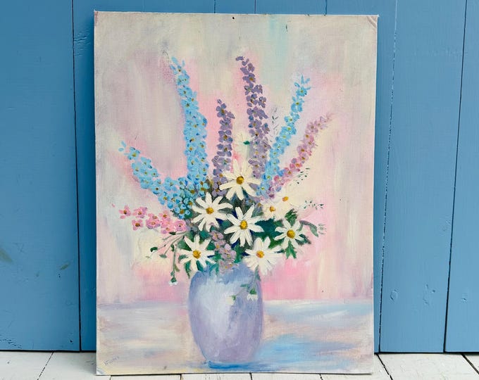 Vintage 1988 Floral Still Life Painting Signed HFoster Pastel Cottagecore Flower Bouquet Art
