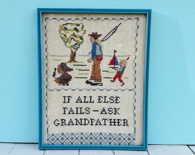 Vintage Framed Cross Stitch “If All Else Fails Ask Grandfather” | Folk Art Needlepoint | Grandpa Gift Wall Decor