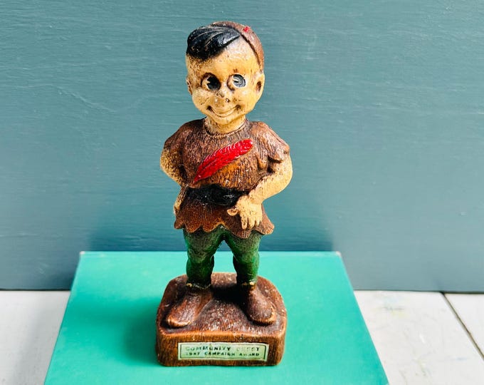 Vintage 1947 Community Chest Campaign Award Wooden Figure United Way Predecessor Folk Art Trophy Robin Hood Charity Fundraiser