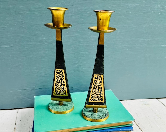 Vintage Dayagi Israel Shabbat Candlesticks Pair Brutalist Brass Black Enamel Judaica Sabbath Candle Holders