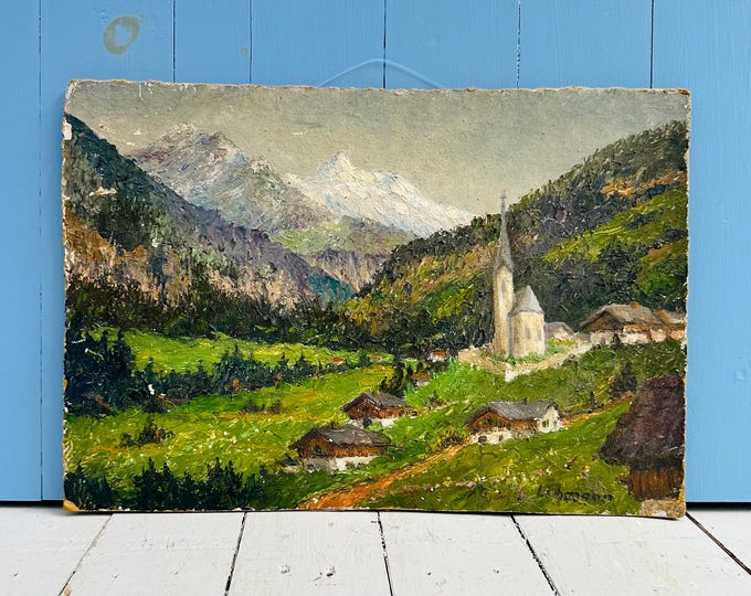Vintage European Alpine Landscape Oil Painting on Board Artist Signed Rustic Mountain Village Scene