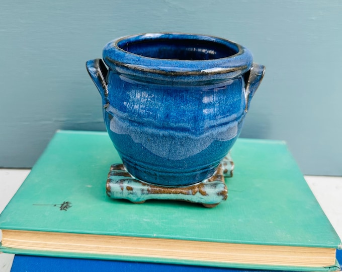 Vintage Raku Japanese Studio Art Pottery Planter Cobalt Blue, Brown and Turquoise Pottery