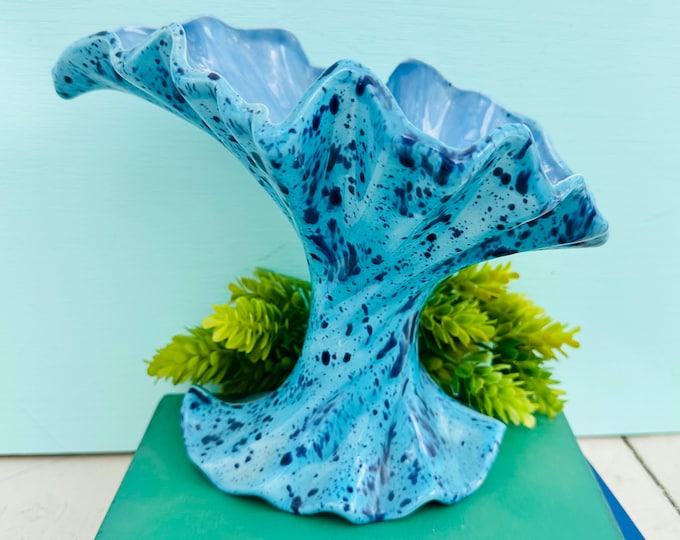 Vintage MCM Blue Speckled Art Pottery Vase with Fluted Twisted Design