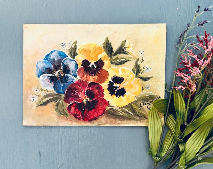 Vintage 1970s Pansy Flower Original Oil Painting Small 5X7 Unframed Flower Bouquet Painting Canvas Foundation Board