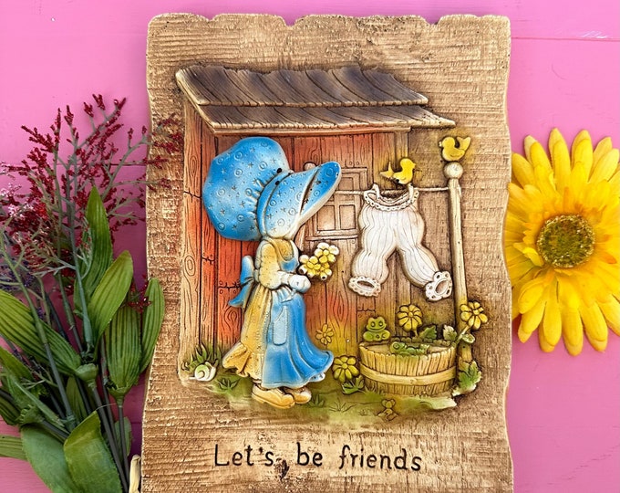 Vintage 1970s Holly Hobbie Wall Plaque "Let's Be Friends", Holly Hobbie doll decor, Holly Hobbie Picture, 70s Kids Decor, 70s doll decor