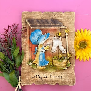 Vintage 1970s Holly Hobbie Wall Plaque &quot;Let&#39;s Be Friends&quot;, Holly Hobbie doll decor, Holly Hobbie Picture, 70s Kids Decor, 70s doll decor