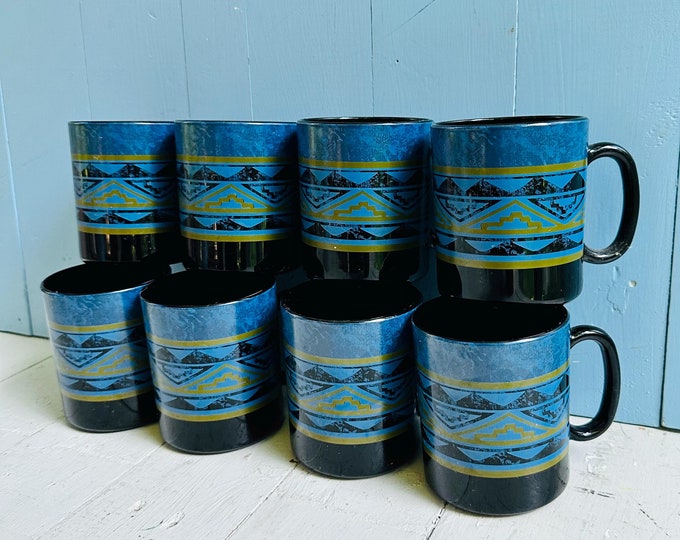 Vintage Arcoroc Yucatan Coffee Mugs Set of Eight French Mugs Aztec Pattern Southwestern Cups Lot Blue Gold Black Glass Mugs