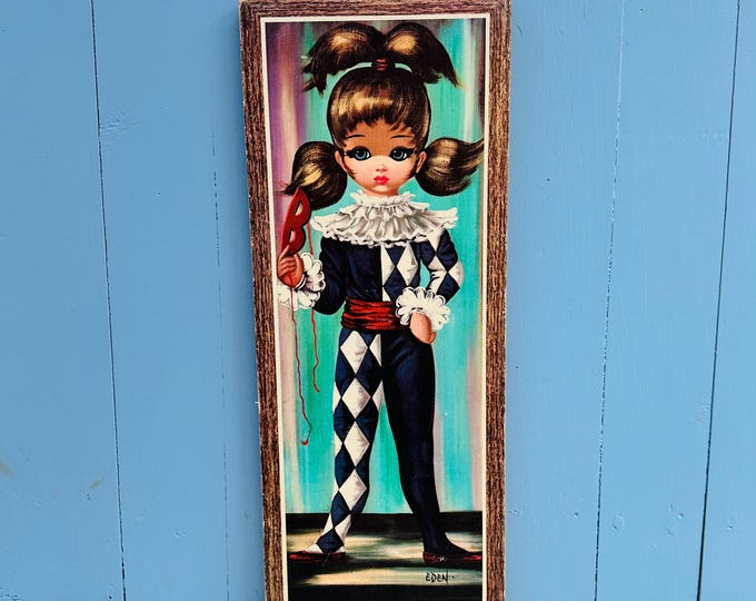 Vintage MCM Eden Harlequin Girl Print on Board Mid Century Mod Wall Art 20x8