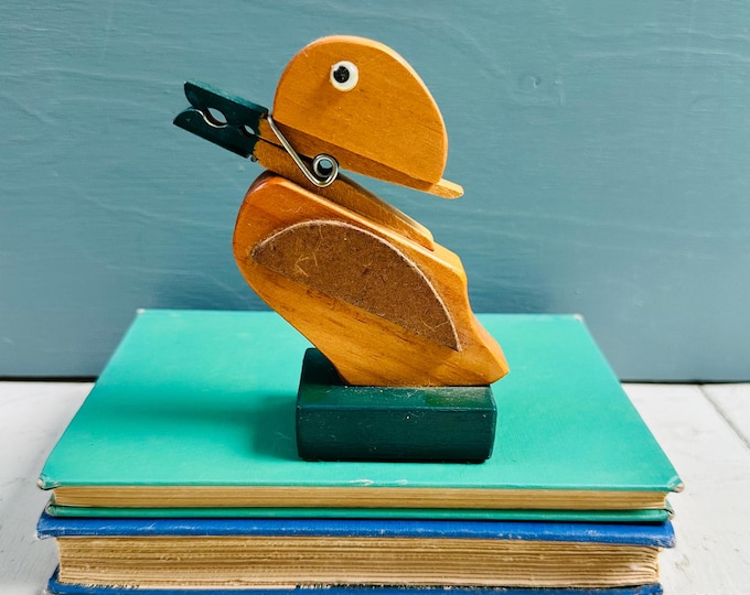 Vintage Wooden Pelican Figurine Clothespin Bird Folk Art Handcrafted Mid Century Desk Decor