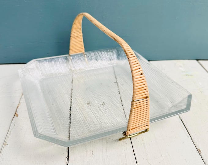 Vintage MCM textured glass serving tray with woven rattan handle, Hoya Cordial Tray