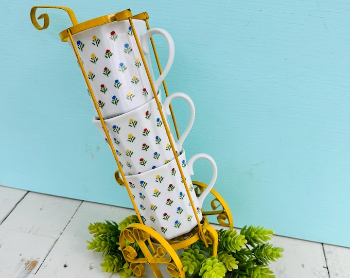 Vintage Mid Century Wheelbarrow Coffee Mug Holder with Three Vintage Tulip Coffee Cups, Mug Tree