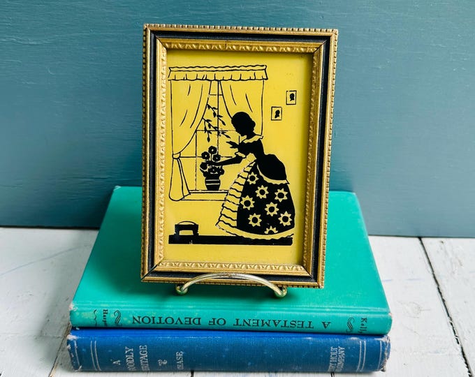 Vintage 1920s Silhouette Reverse Glass Framed Art Girl at Window Cottagecore Decor