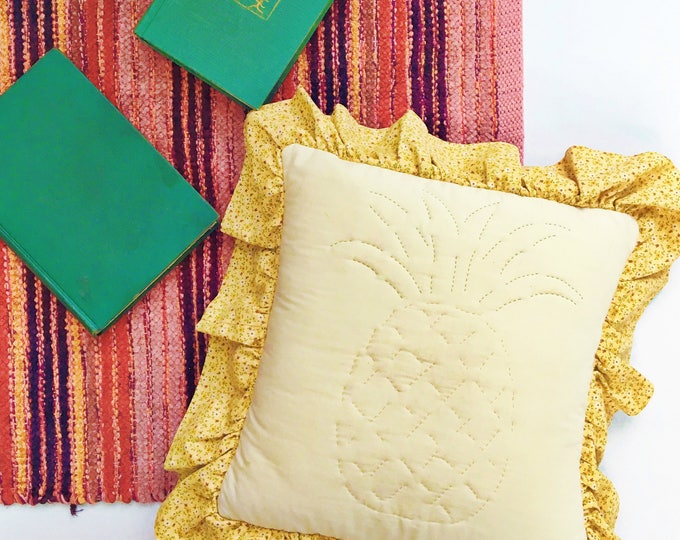 Vintage HandmadeThrow Pillow, Vintage Pineapple Pillow, Vintage Throw Pillow, Yellow Vintage Pillow, 1970s Hand-Stitched Pillow