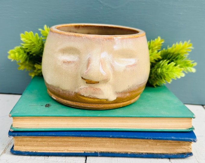 Vintage mid century ceramic face planter with rustic beige and brown glaze