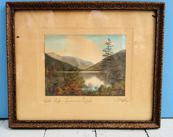 Antique Early 1900s Framed Hand-Colored Photograph of Echo Lake, Franconia Notch New Hampshire by Chas. Sawyer