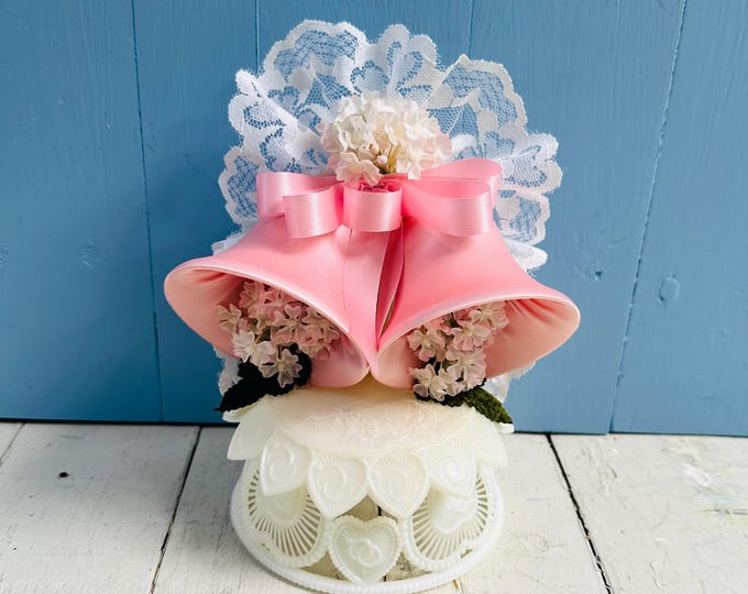 Vintage Jamie Lynn Wedding Cake Topper Pink Satin Bells Milk Glass Style Base Lace Bride Groom Decor