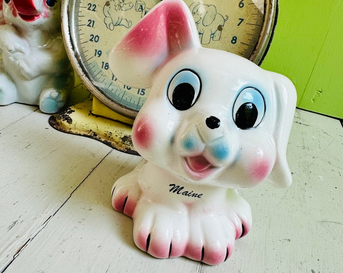Vintage Ceramic Puppy Souvenir Bank, Vintage Dog Coin Bank, Vintage Maine Souvenir, White Dog Piggy Bank, Vintage Nursery Decor, Kids Bank