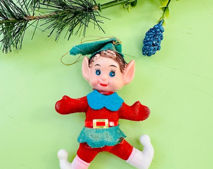 Vintage 60s Elf Ornament Pixie Elf Christmas Ornament Flocked Gnome Xmas Decor Kitschy Christmas Ornament MCM Christmas Ornament